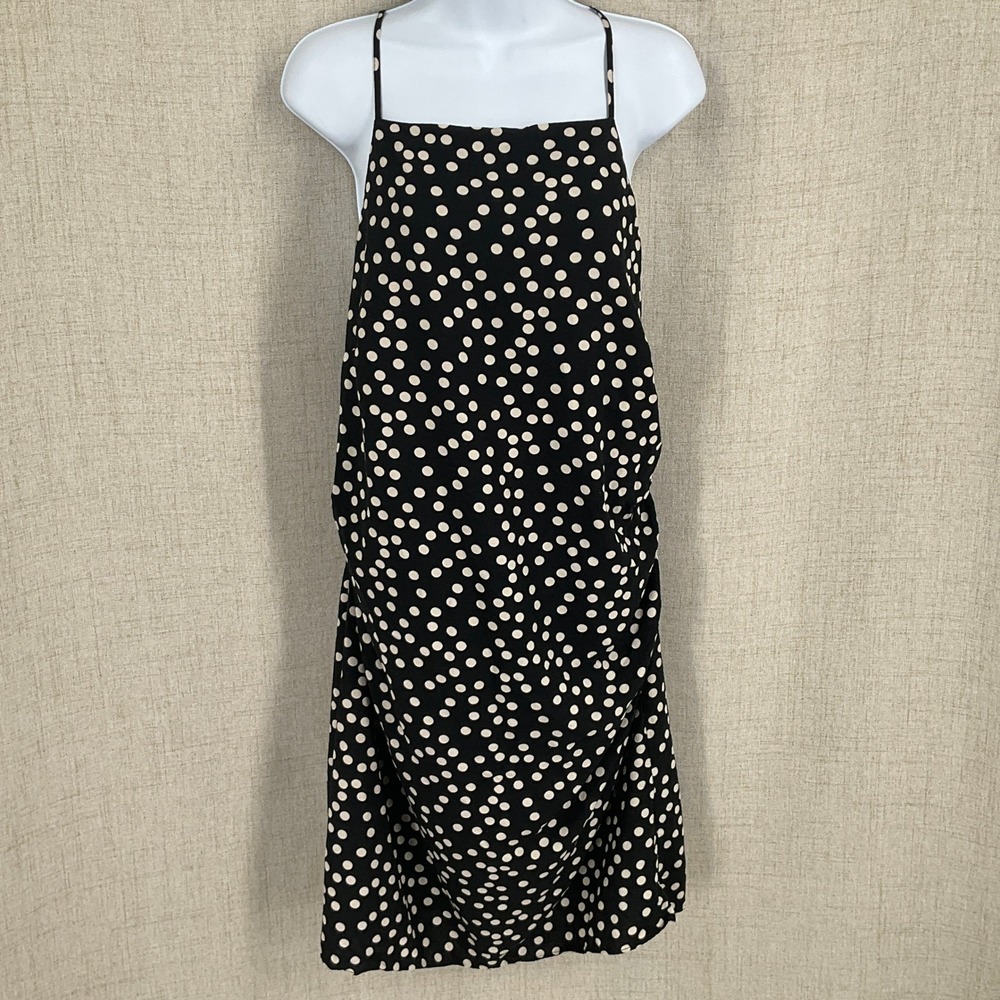 H&M Polka Dot Dress Women L Black Linen Cross Back Midi Minimalist Timeless